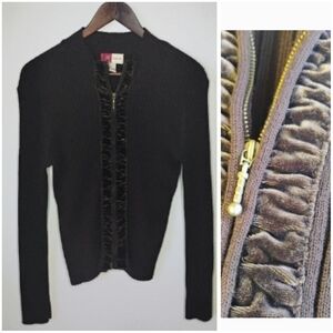 JM Collection Brown Ribbed Knit Velvet Zip Up Cardigan Sweater Size Medium